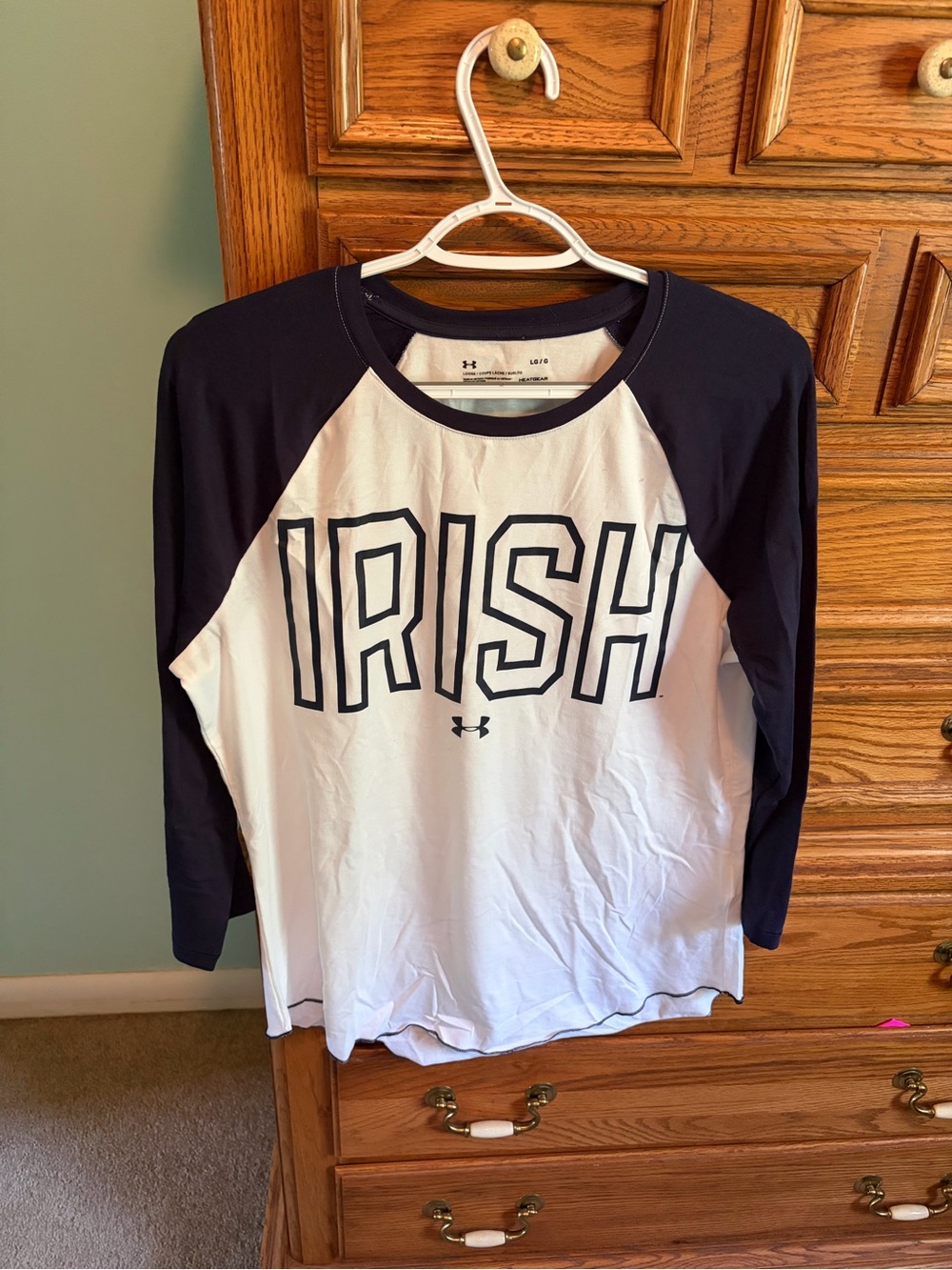 White and Navy Raglan Long Sleeve Tee with IRISH Print - Notre Dame